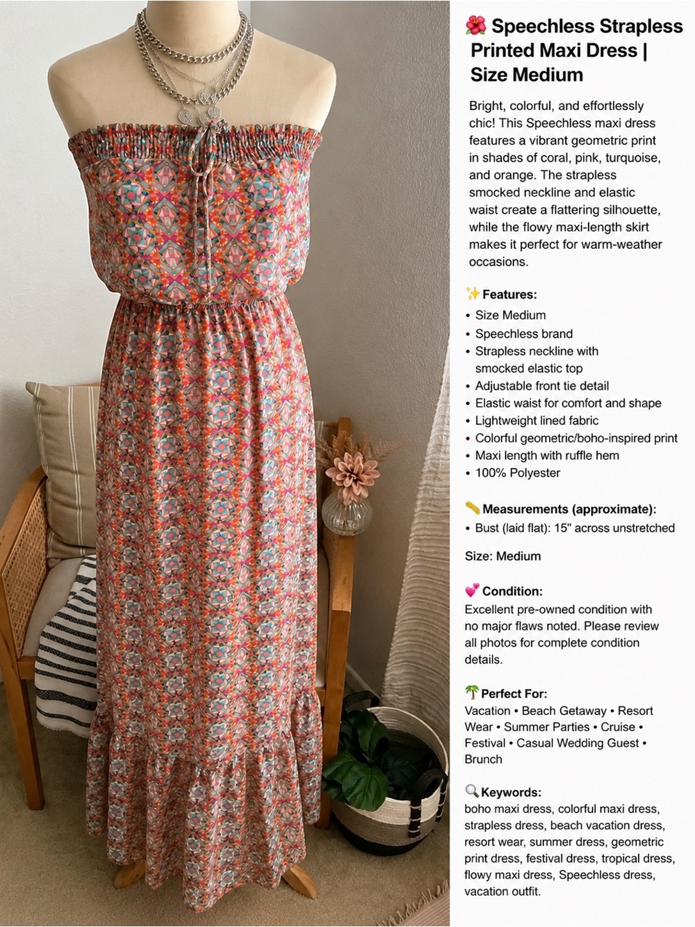Speechless Coral & Turquoise Strapless Geometric Print Maxi Dress